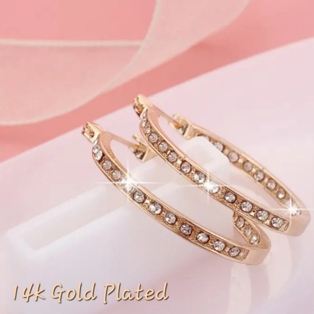 14k Gold Plated Inlaid Zircon Hoops. Boutique New. Fast Ship.
